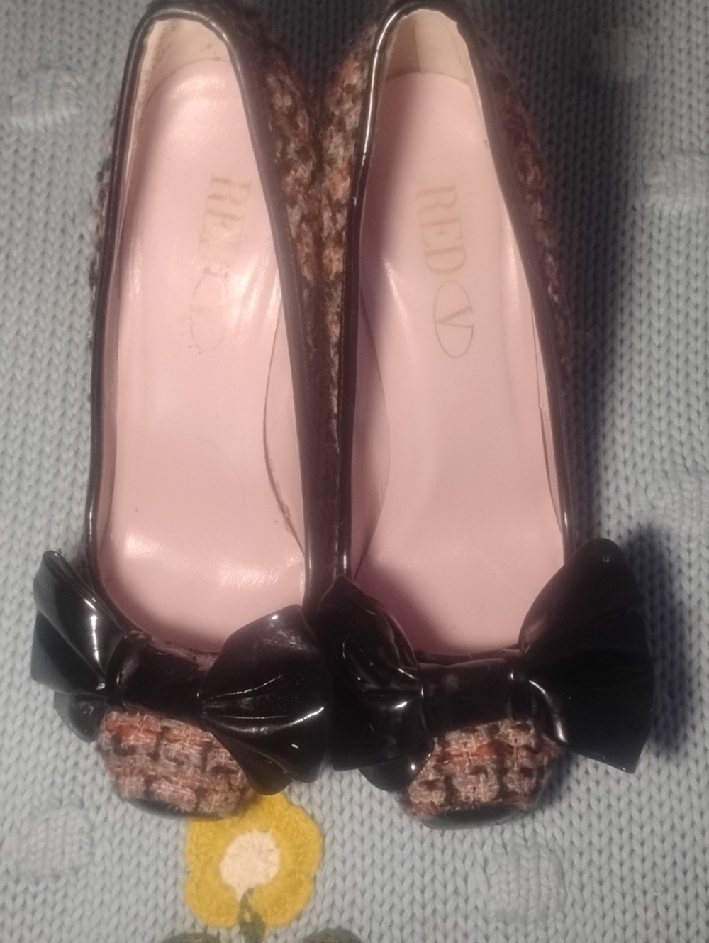 RED Valentino Tweed Stiletto Heels with Black Patent Bows Sz 36 6